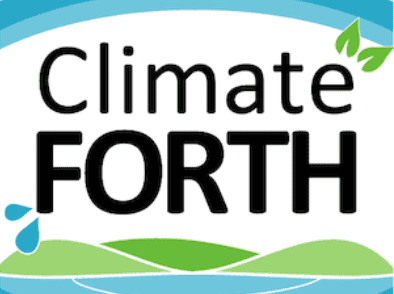 a logo with water in the bottom of the image, and 3 hills, with the words Climate FORTH