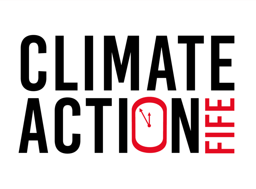 a text logo with the words Climate Action Fife. The O in the word action is a clock face indicating that in order to take climate action we need to act fast