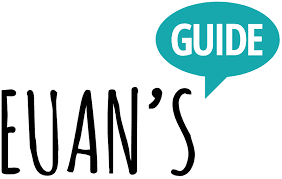 Text logo with the word Euan's and a speech bubble with the word Guide in it