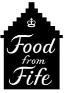 A black logo in the shape of a house, with a white crown, and the text Food from Fife