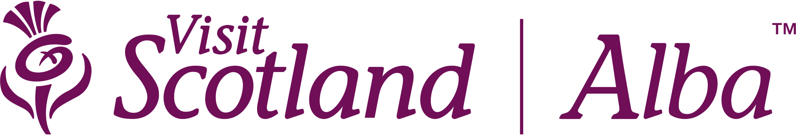 VisitScotland Logo, with an icon of the Thistle, and the English as well as the Gaelic name for VisitScotland, Alba