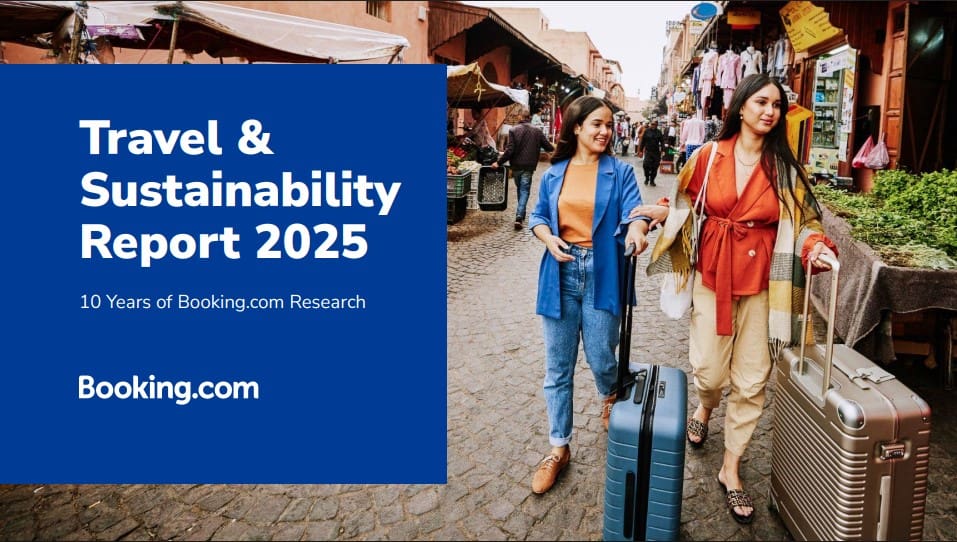 and image of 2 ladies in a busy bazar, with stalls along the path, they are holding rolling suitcases. A text box saying Travel & Sustainability Report 2025